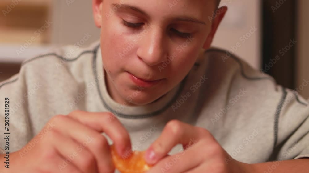 Boy teenager gently peeling ripe tangerine, separating segments and savoring fresh citrus fruit in detailed kitchen close-up series