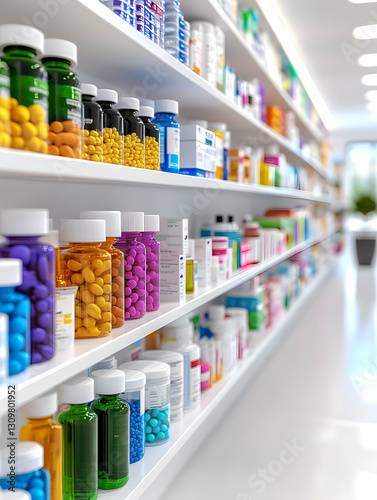 Pharmacy shelves stocked with colorful medicine bottles and packages.