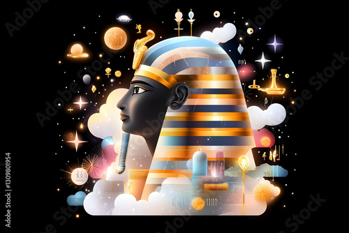Pharaoh's profile, cosmic, celestial, mystical design.
