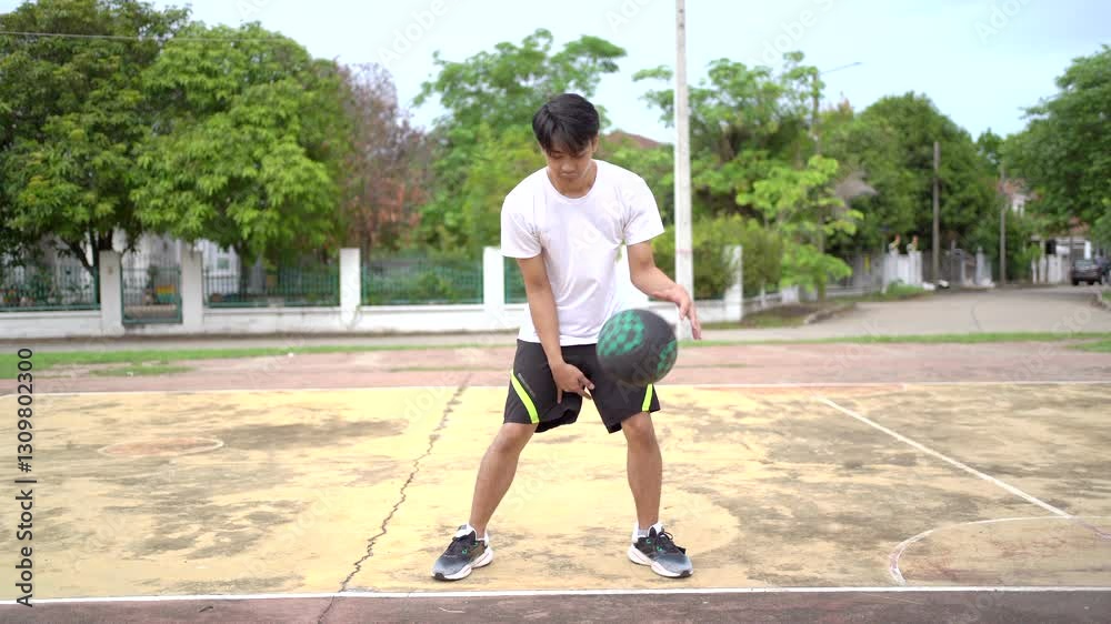 Asian young man is enjoy playing or practicing basketball. Asian young man is enjoy playing or practicing basketball.