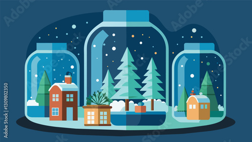 A living room filled with repurposed glass jars now turned into homemade snow globes with miniature trees and glitter.. Vector illustration