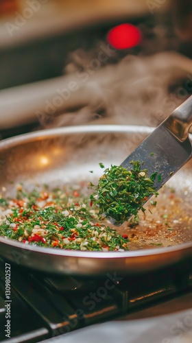Cooking Fresh Herbs and Vegetables in Skillet on Stove, Capturing Flavorful P...