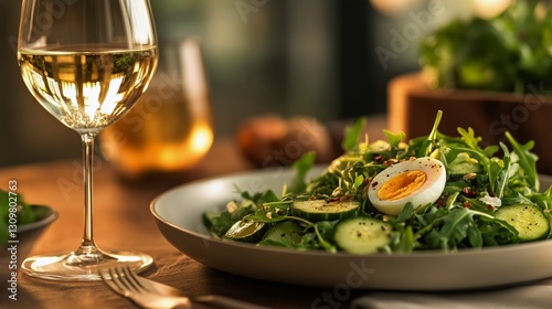 Fresh Salad With Soft Boiled Egg and White Wine in a Modern Cafe Setting Duri...