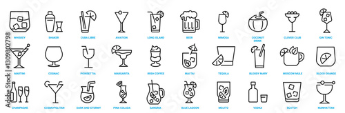 Beverage web line icons Set. Alcohol drinks icons. Beer, coffee, wine, cocktail, soda, bottle signs. Icons set for restaurant menu