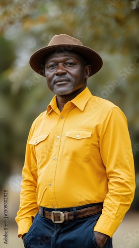Young Man Wearing a Yellow Shirt and Tan Hat Smiles Against a Coastal Backdro...