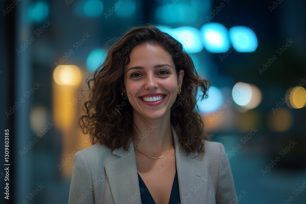 Obraz premium Young smiling businessman posing confidently, dressed in modern executive clothes, on a technological city background with an illuminated office building 