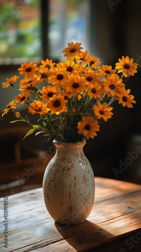 Bright Yellow Flowers in a White Vase on a Wooden Table Near a Window During ...