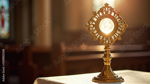 Elegant Golden Monstrance Showcasing First Holy Communion – Ideal for Church Bulletins, Educational Materials, Digital Marketing, and Community Outreach