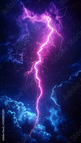 Purple and blue lightning strike through dark night sky.
