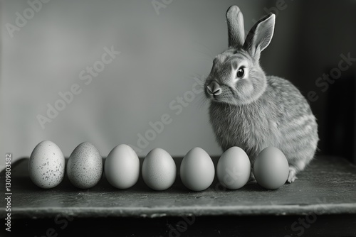 Cute Rabbit Beside a Row of Eggs on a Wooden Table in a Softly Lit Indoor Space