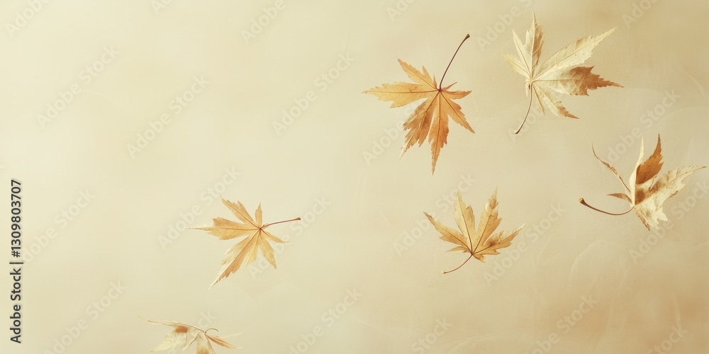 Floating pale yellow maple leaves on a soft beige background