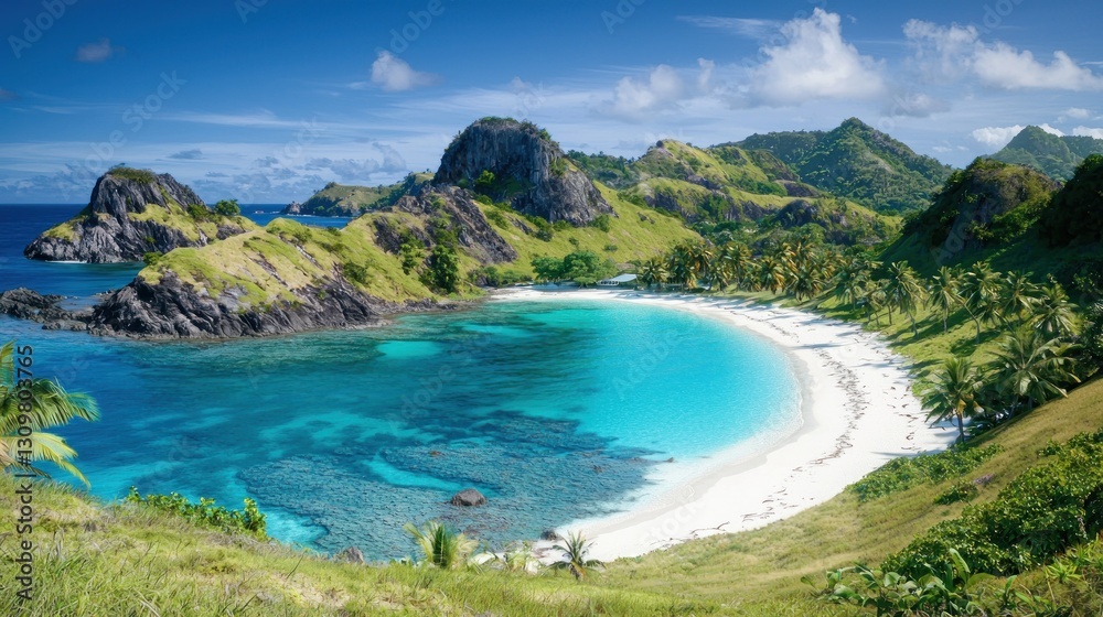 Tropical island bay, pristine white sand beach, turquoise water, lush green hills Tropical island bay, pristine white sand beach, turquoise water, lush green hills