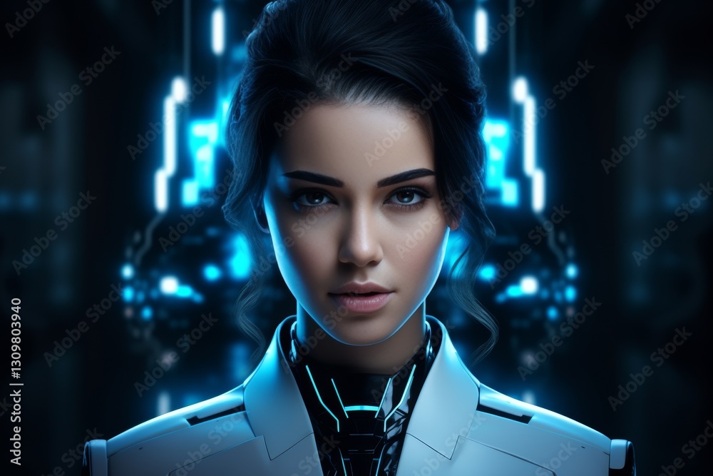 Obraz premium Stunning portrait of a confident girl with sharp features and realistic robotic enhancements