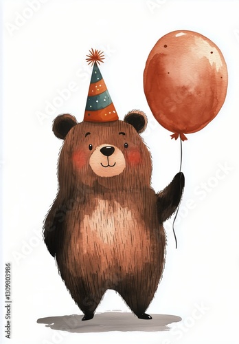 Cute Bear Celebrating With a Balloon Wearing a Party Hat in a Cheerful Setting