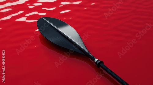 A close-up of a kayak paddle, sleek and modern, resting against a striking red surface, 3D render