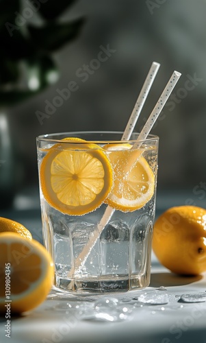 Refreshing Lemon Drink Served With Slices and Straws on a Sunny Afternoon