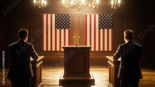 Rear view of two male politicians debating on a podium, facing the main stage. An American flag is hanging. Generative AI