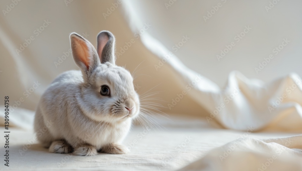 Obraz premium Cute rabbit sitting quietly on a light background.