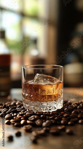 Cold Beverage With Ice Cubes and Coffee Beans on a Rustic Surface