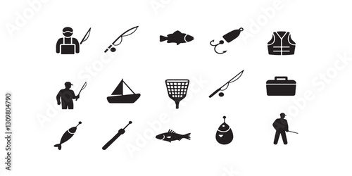 Fishing icon vector set hand drawn illustration on white background. fishing equipment set.