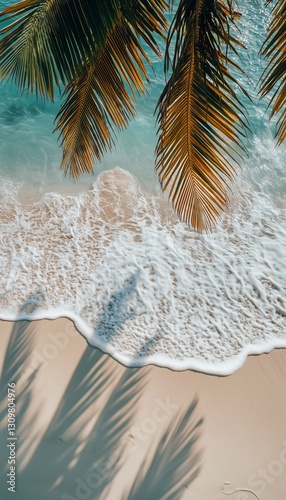 Waves Gently Lapping the Shore Beneath Palm Fronds on a Tropical Beach During...