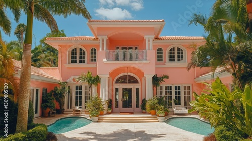 Bright Pink Villa With Tropical Landscaping Near Swimming Pool on Sunny Day