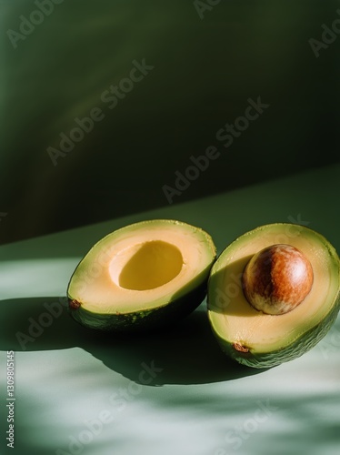 Freshly Sliced Avocados on a Green Background With Natural Lighting Highlight...