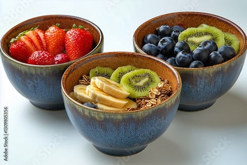 Fresh Fruit and Granola Bowls Arranged on a White Background for a Colorful H...
