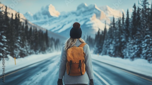 Traveler Explores Snowy Road in Mountains During Winter Afternoon