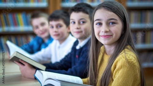 Children Reading Together in a Library