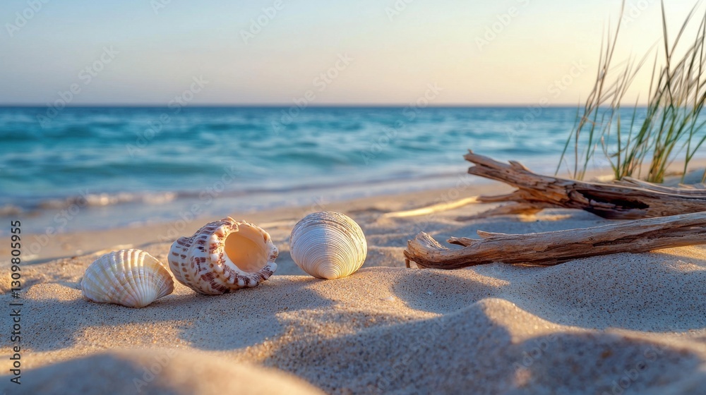 Obraz premium A beach scene with shells and driftwood