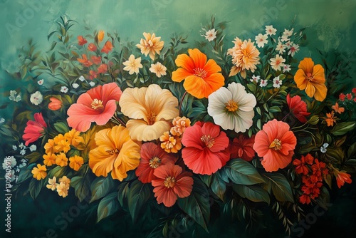 Vibrant Floral Arrangement Featuring Hibiscus and Daisies on a Green Background