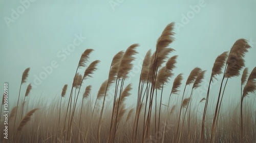 Soft Reeds Sway Gently by the Waters Edge on a Foggy Day in Nature