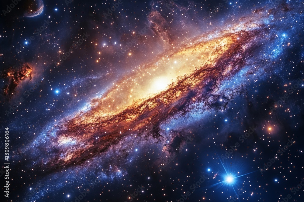 Fototapeta premium A Majestic Spiral: Unveiling a Galaxy's Fiery Core and Dazzling Star Formation Regions Within a Cosmic Sea of Nebula and Stellar Radiance, Captivating the Infinite.
