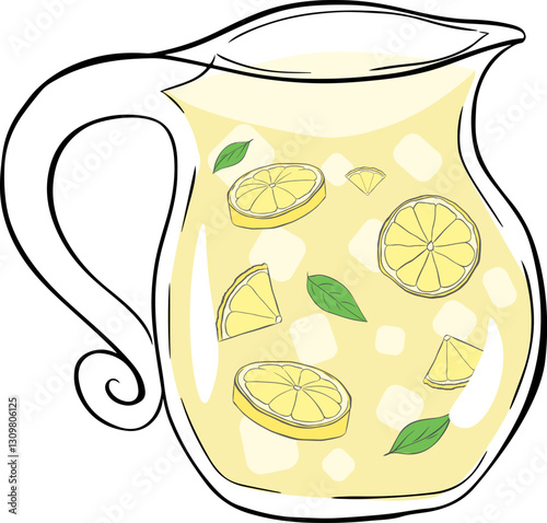 Lemonade in a transparent jug graphic line ink composition. Vector lemons slices with leaves and ice illustration.  isolated on a white background.