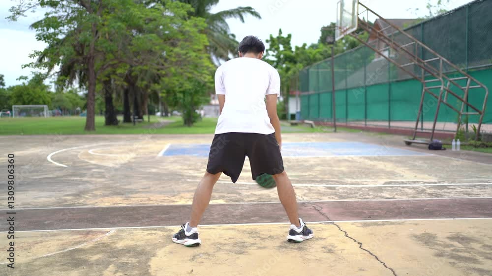 Asian young man is enjoy playing or practicing basketball. Asian young man is enjoy playing or practicing basketball.