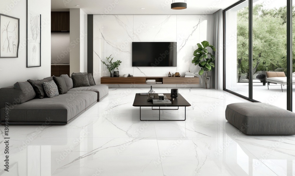 Fototapeta premium Modern living room with white marble flooring and gray sofa.