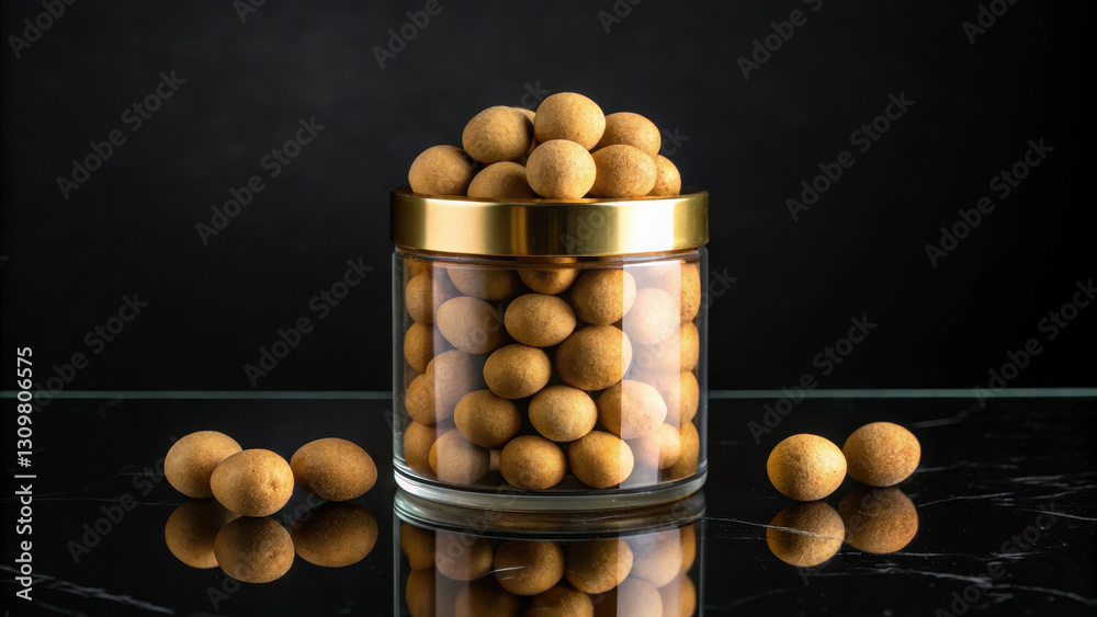 golden jar filled with round, textured balls on dark surface golden jar filled with round, textured balls on dark surface