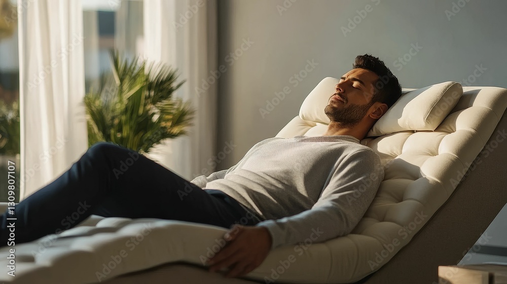 Fototapeta premium Man relaxing peacefully on a chaise lounge.