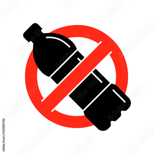 Vector icon with red prohibition sign over plastic bottle. Minimalist outline style. No plastic, environmental protection, waste reduction and pollution prevention symbol. Eco conscious design.