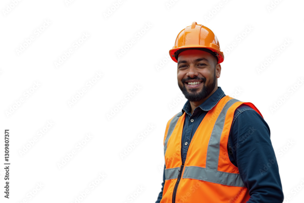 Construction worker smiling in safety gear with hard hat and reflective vest on site Construction worker smiling in safety gear with hard hat and reflective vest on site