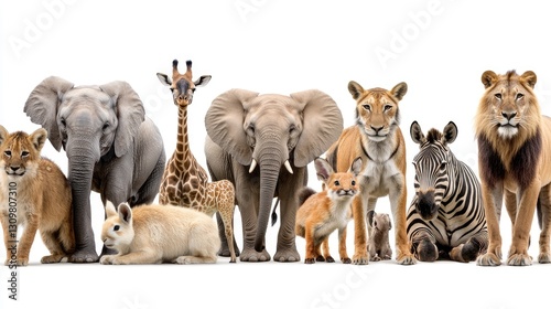 Wild animals like lions, elephants, and giraffes unite on a white background, showcasing their unique beauty photo