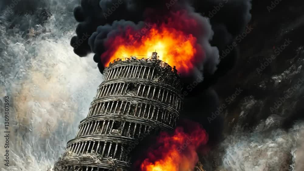 Burning tower collapsing under dark clouds and flames in a dramatic artistic rendering of a historic landmark