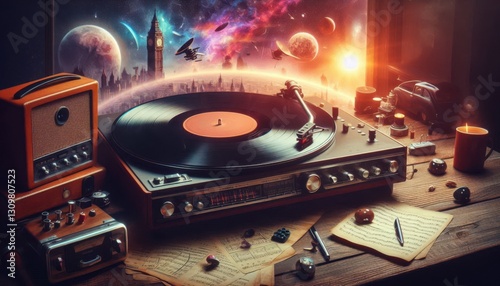old vinyl record player on white background created with generative AI software.