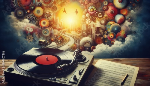 old vinyl record player on white background created with generative AI software.