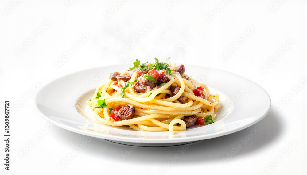 Elegant pasta dish presented on white plate, culinary artistry Elegant pasta dish presented on white plate, culinary artistry