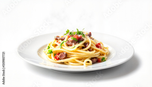 Elegant pasta dish presented on white plate, culinary artistry