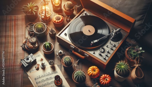 old vinyl record player on white background created with generative AI software.