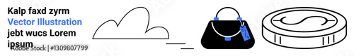 Cloud shape, handbag with tags, and large coin symbolize online shopping, security, and finance. Ideal for e-commerce, cloud services, retail, fintech marketing investment flat landing page banner