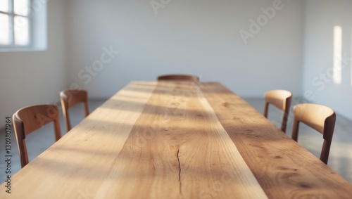 A large wooden table is shown in a dining area.